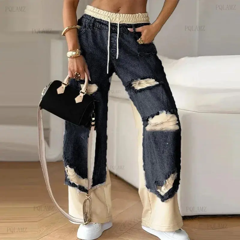 2025Women's Vintage Denim Joggers - Hip Hop Loose Sweatpants w/ Hole & Splicing Design|   Casual Streetwear  Jean Womenswear Adjustable Blouse Bottom
