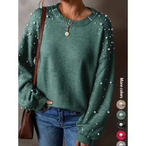 Women's knitted pearl decorated sweater, loose round neck elegant casual pullover, autumn and winter fashion
