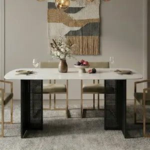 Eyisean 51.2" Modern Rectangular Tempered Glass Dining Table, Space Saving 6 Person Coffee Table with Marble-Patterned Design, Kitchen Tables with Hollow-Out Metal Leg, Easy Clean for Living Room