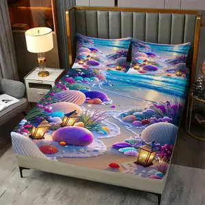 3Pcs Fantasy Beach Sunset Fitted Sheet Set, Vibrant Seashell and Floral Pattern Bedding,Perfect for a Dreamy Coastal Bedroom Makeover and Relaxing RetreatIncludes 2 pillowcases (pillow inserts not included).