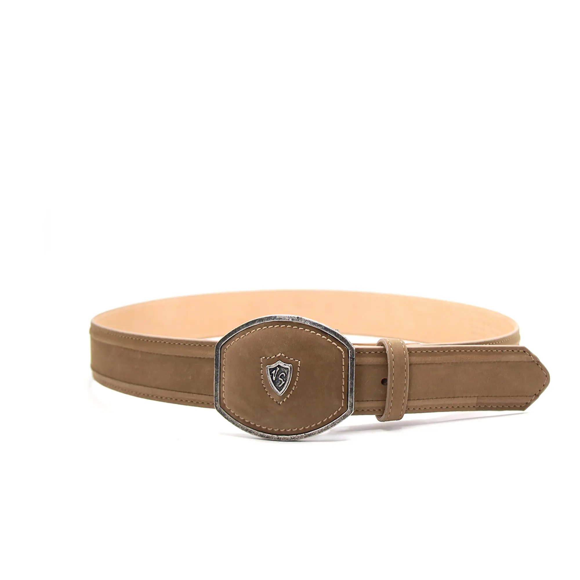 5704609222- Vaquero Signature Men's Lain Border Belts With Modern Plate Buckle Nobuck Camel