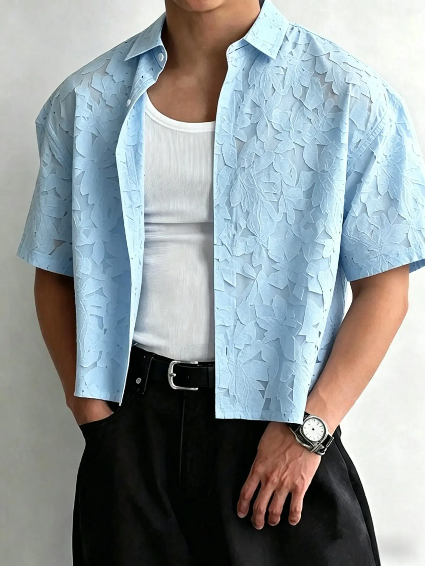 Men's Sky Blue Lace Cutout Embroidery Short Sleeve Aloha Button Casual Fashion Shirt, Casual Tropical Style Notch Lapel Open Front Short Top, Streetwear Summer Clothing
