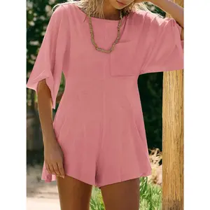 Rompers for Women Spring Outfits Summer Casual Short Sleeve Crew Neck Loose Jumpsuits with Pocket Fashion Womenswear