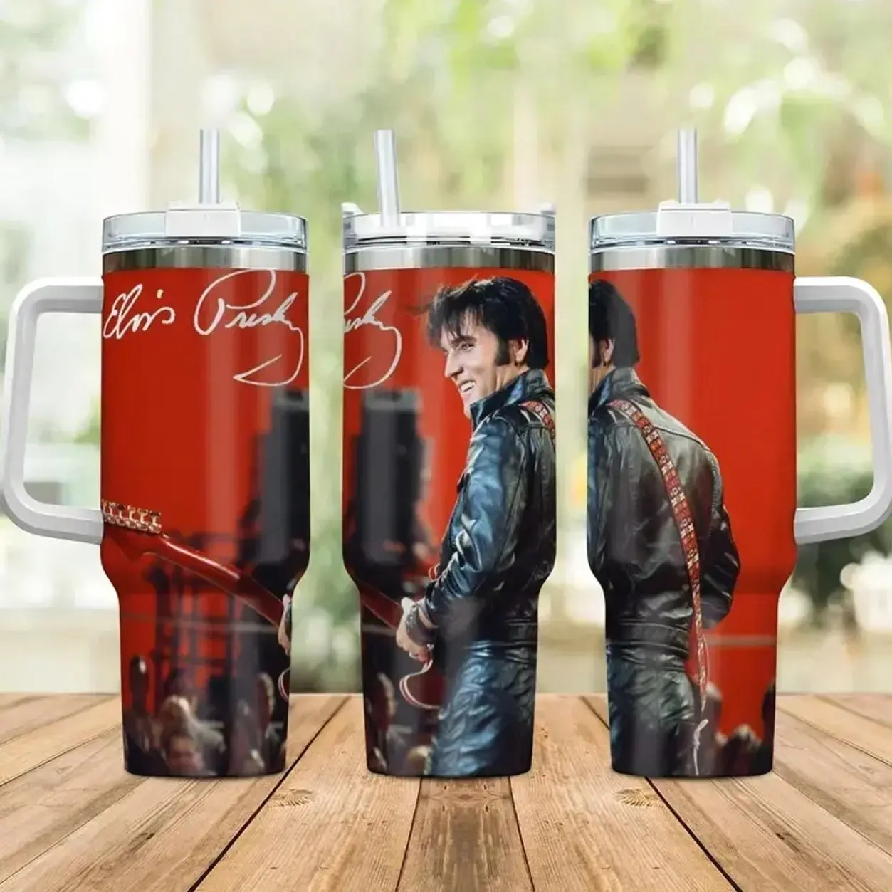 Elvis Presley 40oz Insulated Tumbler With Handle & Straw, Vintage Rock N Roll King Of Rock Music Fan Gift, 1968 Comeback Special Leather Jacket Stainless Steel Travel Mug, Retro Singer Signature Graphic Cup For Men Women
