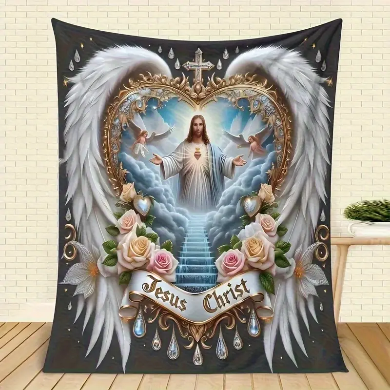 Modern Retro Jesus-Inspired Religious Print Crochet Weave Flannel Blanket - Anti-Pilling Premium Breathable Fabric, Soft Lightweight All-Season Throw with Angel, Rose, Cross, 'Jesus Christ' Designs, Multi-Size, Machine Washable - Ideal for Home, Camping