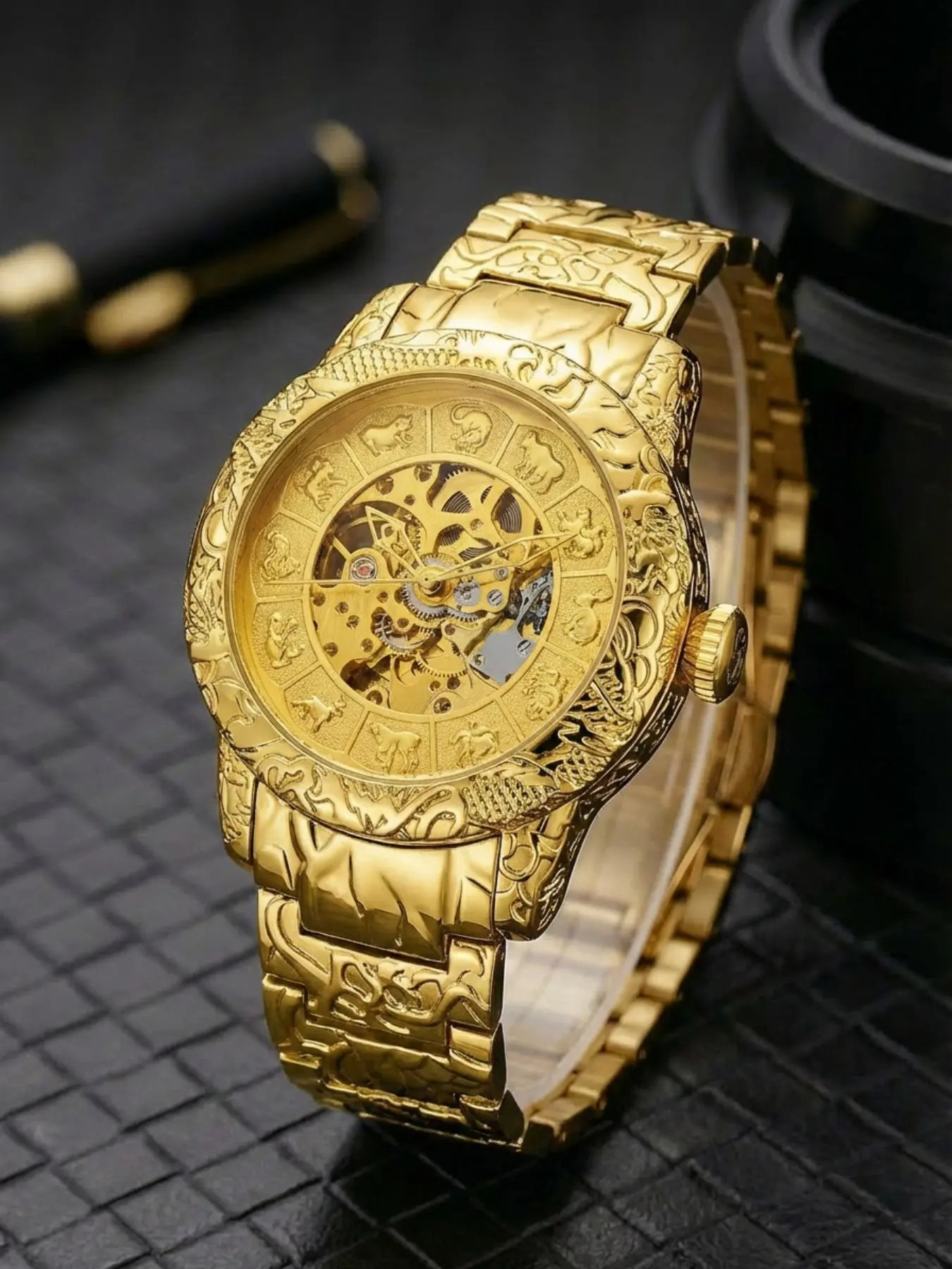 Men's Mechanical Watch, Zodiac Design, Hollow Out Dial, Stainless Steel Band, Fashionable and Versatile, Business and Casual Style