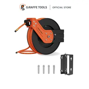 Giraffe Tools Retractable Air Hose Reel-Alloy Steel Reel-3/8in x50 FT Hybrid Air Hose Max 300 PSI,Wall Mount Heavy Duty Double Arm Steel Reel