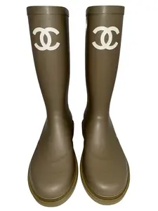 Chanel REV Dark Beige Moss Green White CC Logo High Pull On Rubber Rain Boots