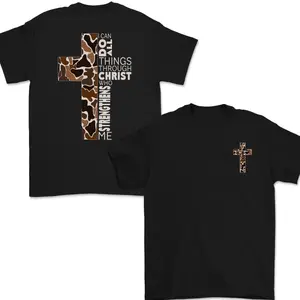 Christian Camo Cross Design T-shirt with Philippians 4.13 verse, Perfect for the faithful and outdoorsman, everyday comfort