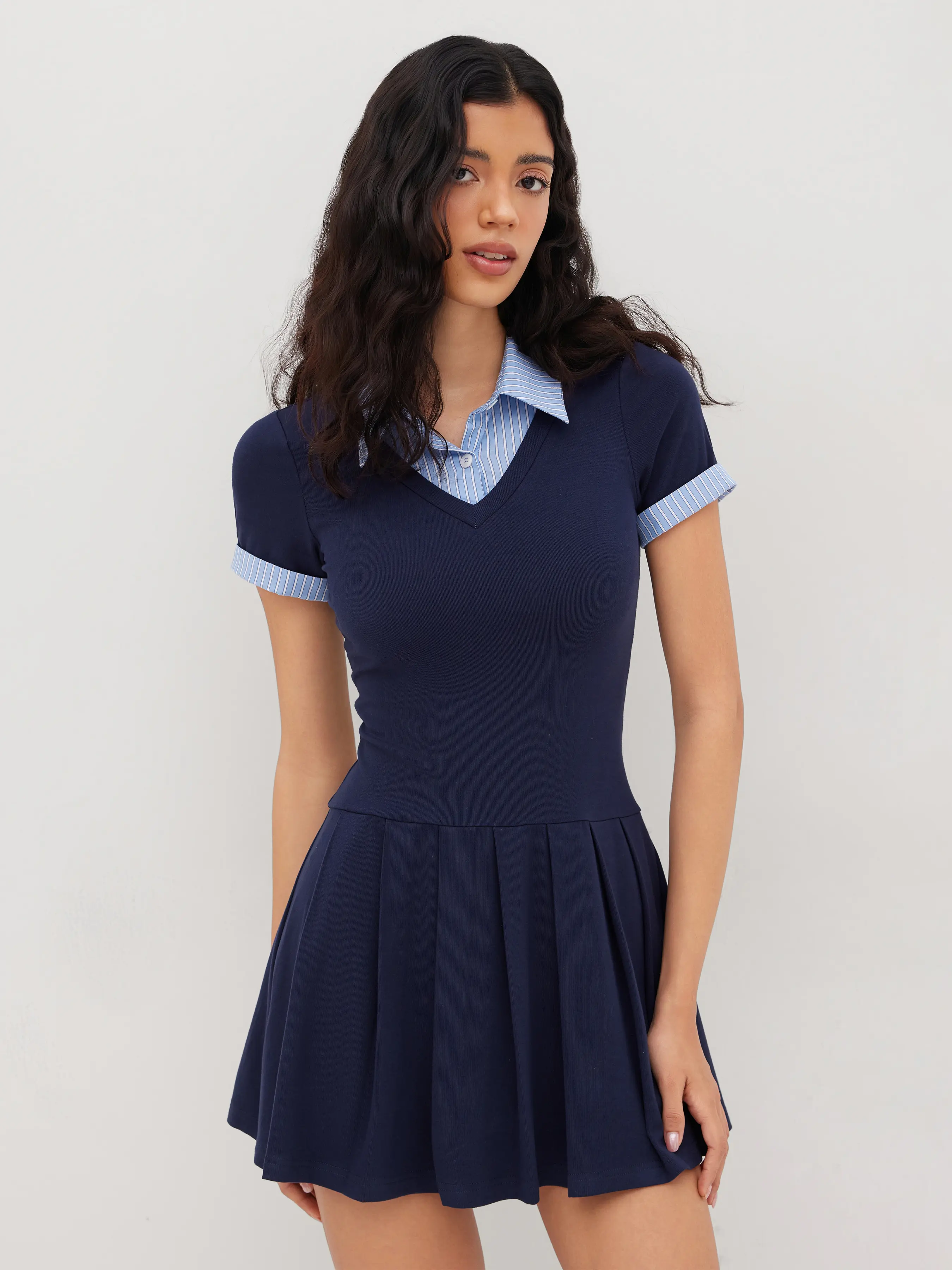 Cider Cotton Collar Stripe Pleated Two Tone Mini Dress
