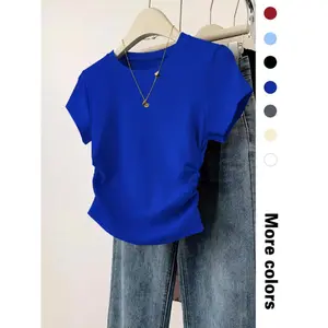 Women's Plain Curved Hem Ribbed Tee, Casual Short Sleeve T-shirt for Daily Wear, Ladies Clothes for All Seasons, Top 0 0