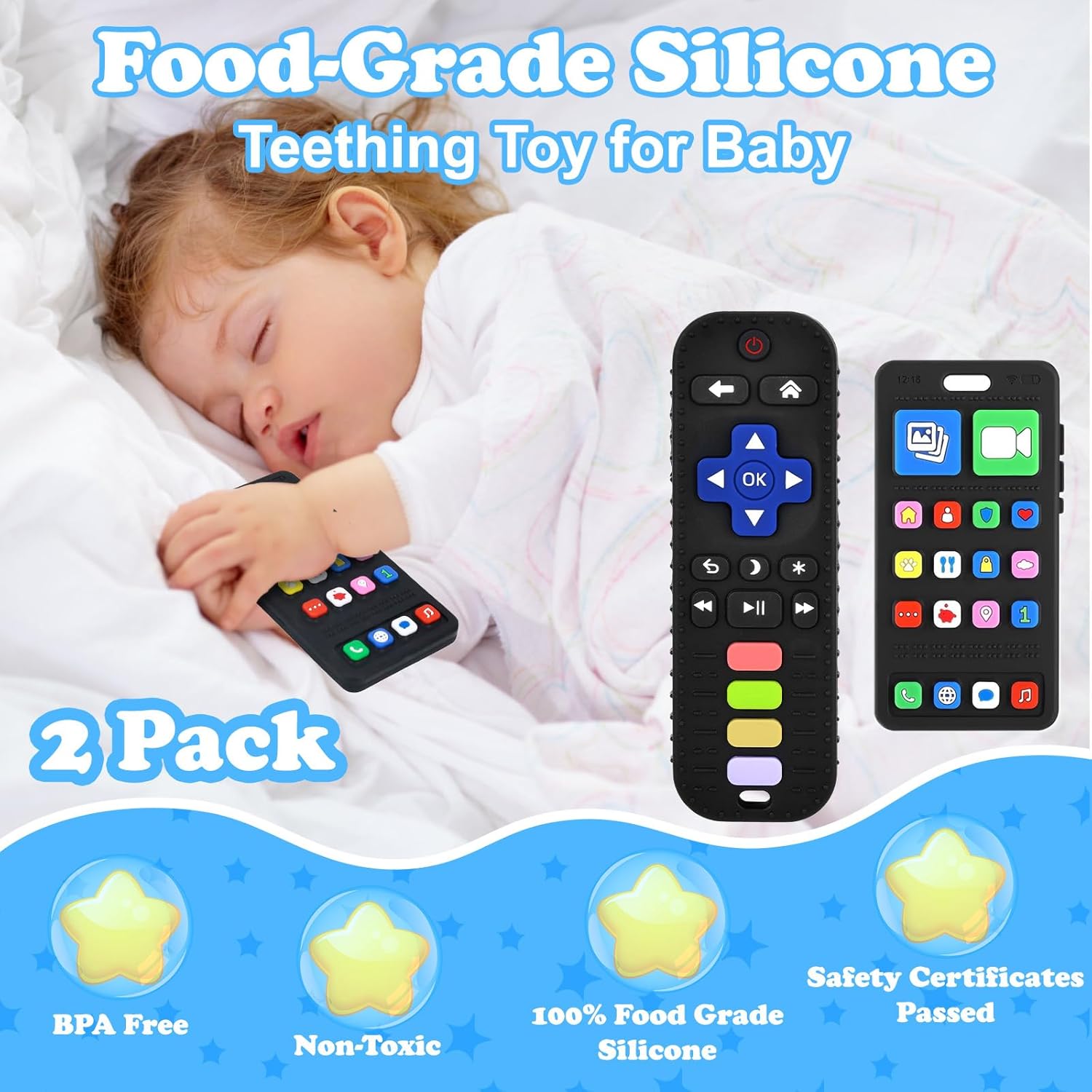 Baby Silicone Teething Toys for Babies 3-18 Months – Phone & Remote Control Teether Toys, BPA Free Chew Toys for Toddlers Boys & Girls, Freezer Safe Infant Teething Relief Toy Set