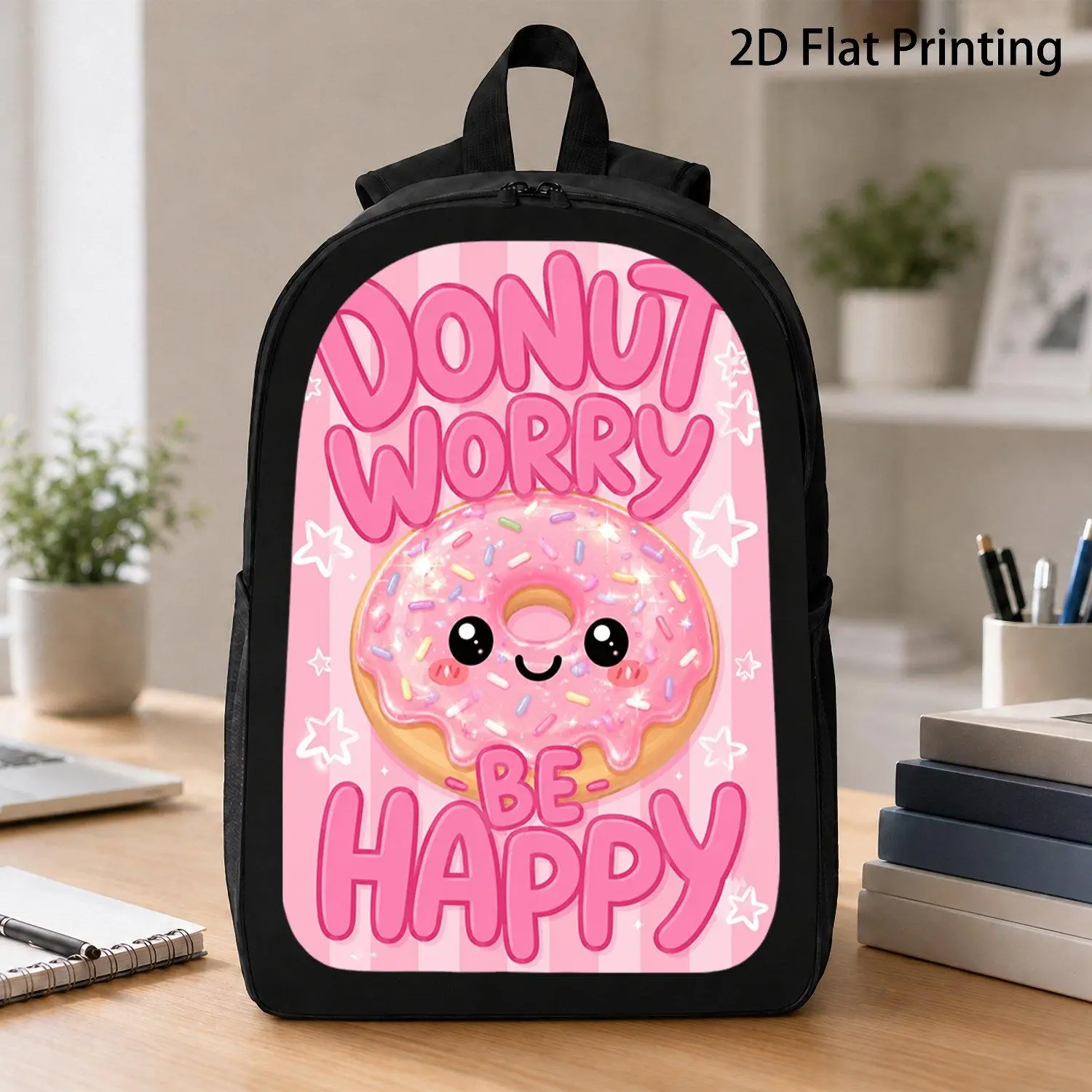 17 Inch Backpack 1pc Donut Worry Be Happy Kawaii Glitter Donut Pattern Viral Charming Cute Sweet Food Illustration Backpack Sturdy Spacious Youth Daily School Bag