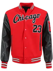 Men's Red Baseball Jacket Casual Loose Fashion High-End Letter Embroidered Jacket Button Front Black PU Long Sleeve College Style Streetwear Sportswear, Letter Print Jacket