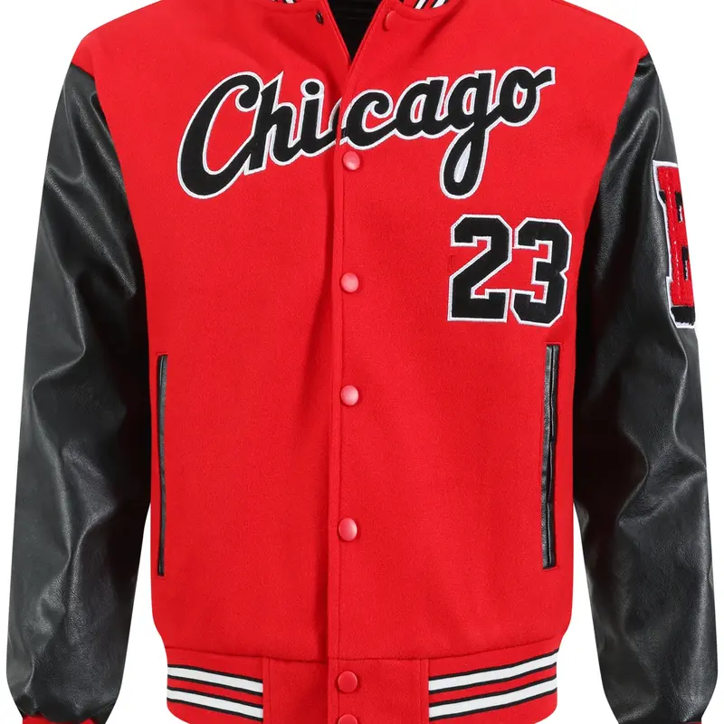 Men's Red Baseball Jacket Casual Loose Fashion High-End Letter Embroidered Jacket Button Front Black PU Long Sleeve College Style Streetwear Jackets Sportswear, Letter Print Jacket