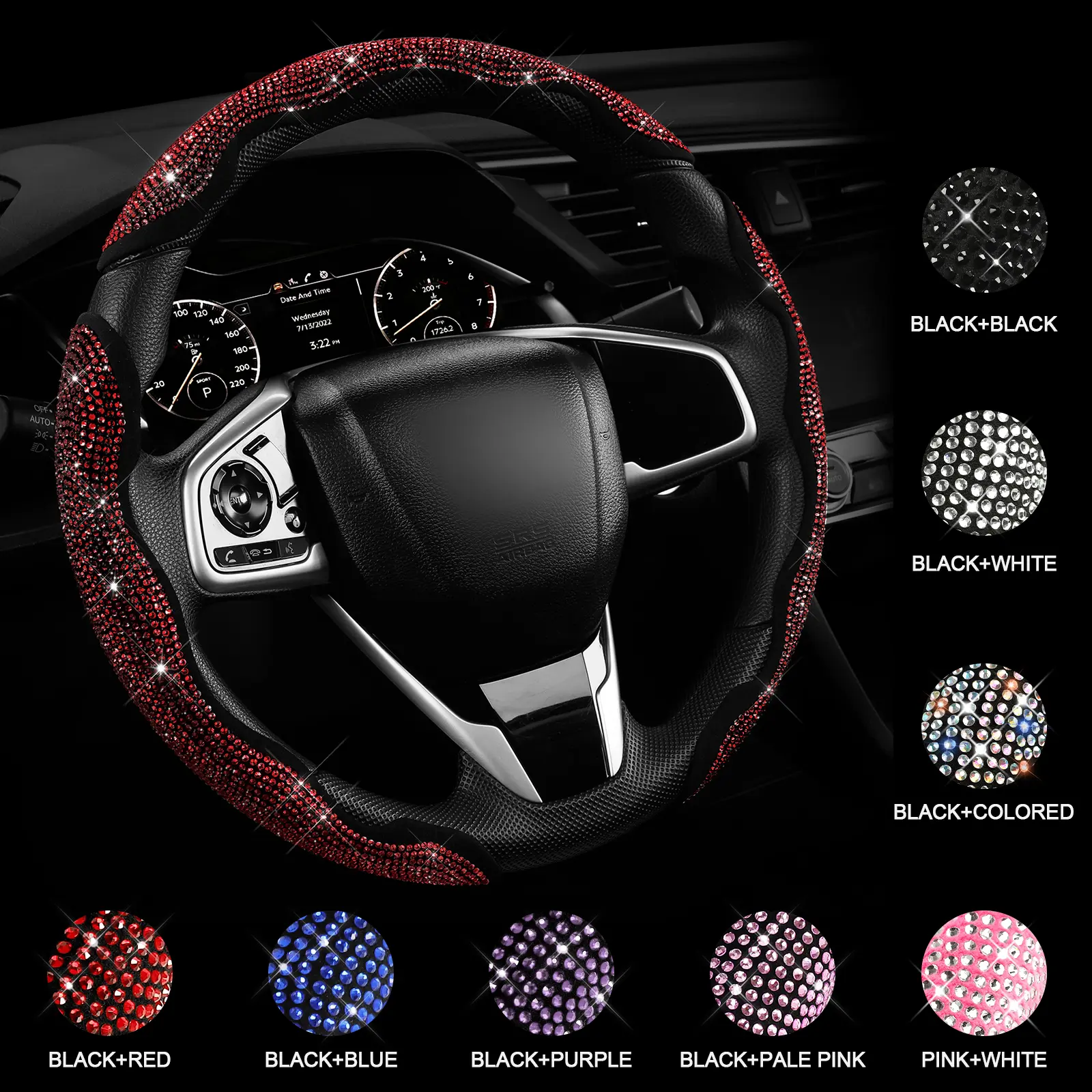 Queen's Land Sparkly Universal Steering Wheel Cover with Crystal Rhinestones Diamond Bling Car Decor Gift for Girls Women Red Pink Purple Black Car Accessories for Truck SUV