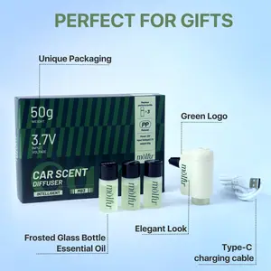 Molfur Smart Car Air Freshener & Essential Oil Diffuser - Adjustable Scent Levels Includes 3 Oil Pods Long Lasting Compact Design for All Vehicles Green Logo Type C Charging Cable