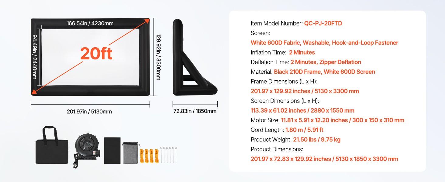 20Ft Inflatable Projector Screen for Outdoor Use, Inflatable Movie Screen with 250W Air Blower, Oxford Fabric Material, Blow Up Screen for Backyard, Home Theater, Theme Party and Outdoor Cinema