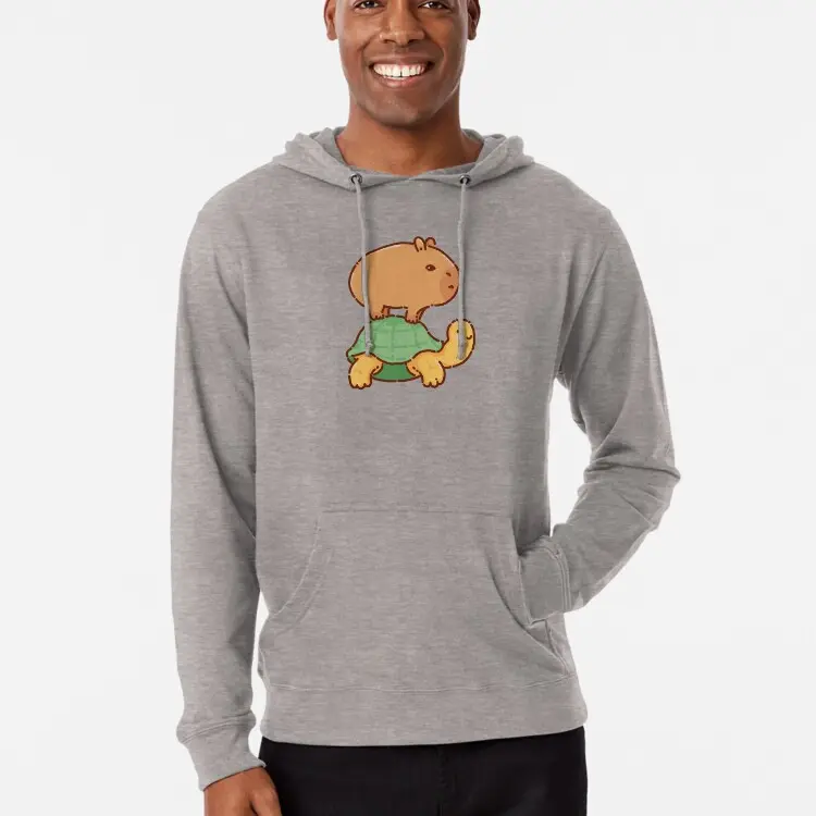 Capybara on a turtle, very cute, tortoise Lightweight Hoodie Trendy Winter Hoodie - Soft Cute Sweater - Cozy Aesthetic Pullover Top