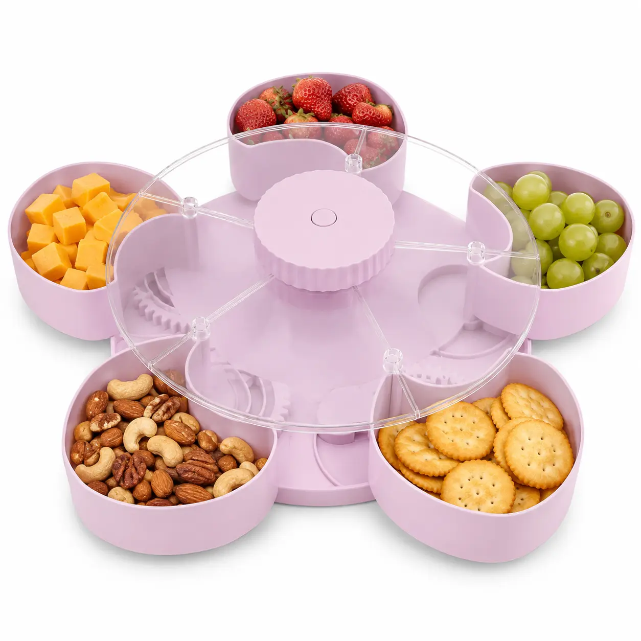 5-Compartment Rotating Snack Tray with Clear Lid, Flower-Shaped Divided Serving Platter for Candy, Nuts, Fruit, Parties, Movie Nights & Home Gatherings, 8.7 Inch