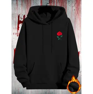 Rose Print Hoodie Stylish Street Fashion For Fall Winter With Kangaroo Pocket And Comfortable Stretch
