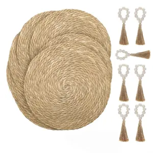 【Summervibes】7 Pcs Woven Placemats Set, 13.8 Inch Natural Water Hyacinth Round Rattan Mats with Wooden Beads Napkin Rings, Home DIY Hardware Decor Accessories for Kitchen Dining Table