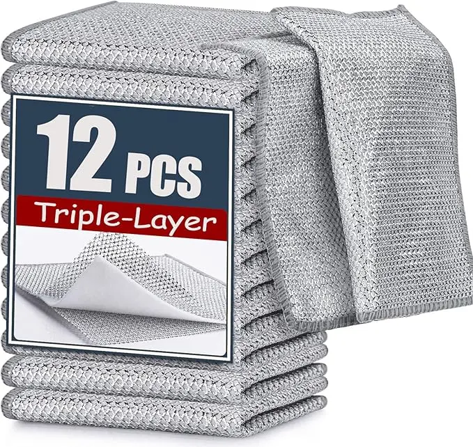 12-Pack Durable Cotton Steel Wire Thick Dish Wash Cloths - 6.7"l x 6.7"w Triple Layer, Safe for Most Surfaces, Multipurpose for Home Care Cookware, Sinks, Kitchen Cleaning Cloth