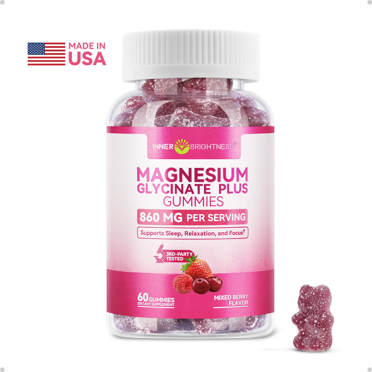 Magnesium Glycinate Gummies 860mg - Magnesium Gummies for Adults, Supports Sleep, Relaxation & Focus, Non-GMO, Gluten-Free, Mixed Berry Magnesium Glycinate Gummies, Mixed Berry Magnesium Gummies, Mixed Berry Flavor, 60 Count magnesium