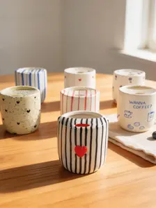 Handmade Ceramic Coffee Mug Cup with Sip Hole Cute Striped Design 10 oz Perfect for Travel Microwavable and Dishwasher Safe Ideal Gifts for Coffee Lovers