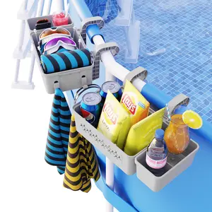 2 Pack Poolside Storage Basket, Above Ground Pool Accessories, Poolside Storage Basket with Cup Holder Hooks, Swimming Pool Storage Basket, Pool Storage Bin for Most Above Pool, Grey