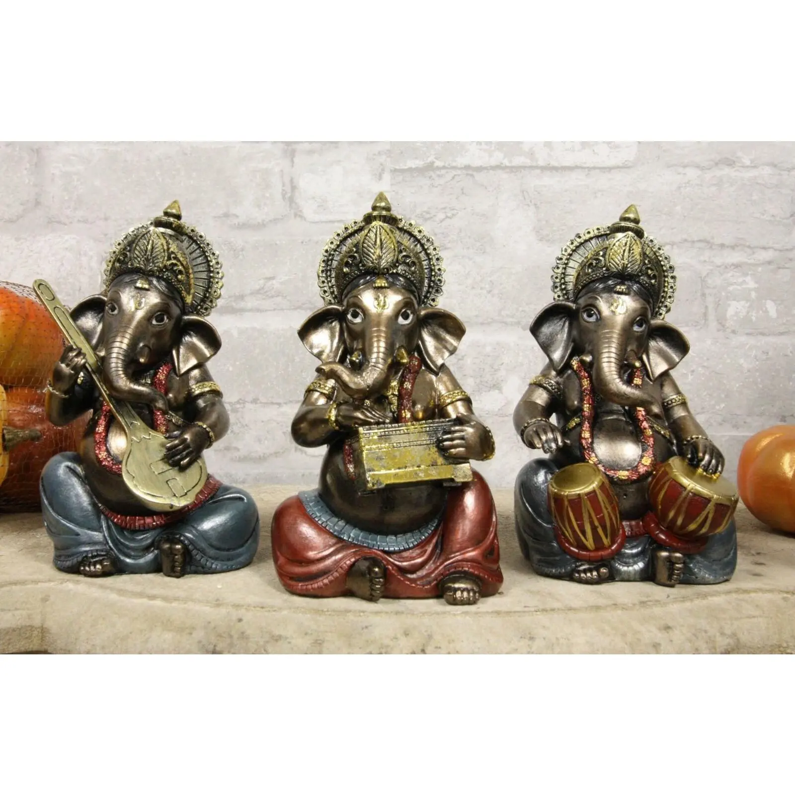 Ebros Resin Hindu Lord Ganesha Figurines Set of 3 - Religious Home Decor Ornaments with Dholak, Sitar, Harmonium Details