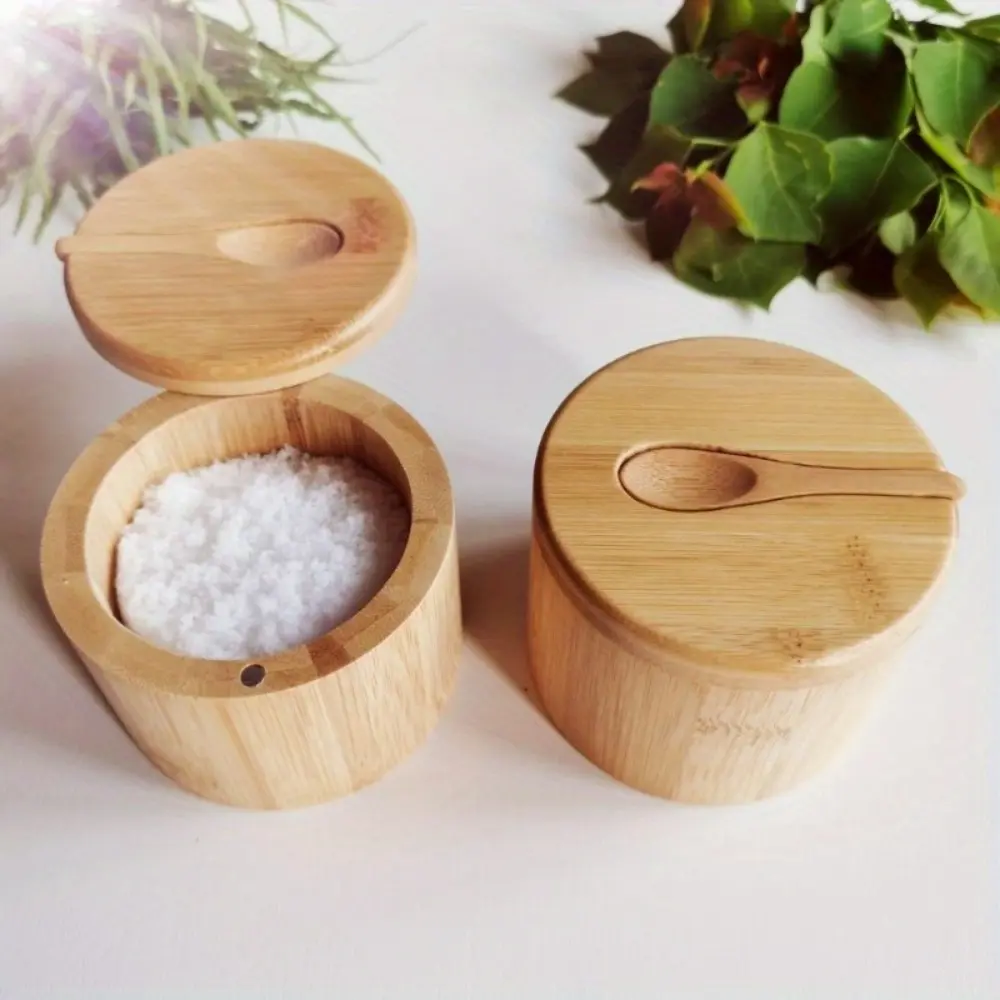 1pc Moisture Resistant Wooden Salt Jar Seasoning Box | Made of Solid Wood Material with Simple and Elegant Aesthetic, Translation Opening Magnetic Suction Design Saves Space and is Stacked for Storage Spice Containers Seasoning Organizer Kitchen Gadgets