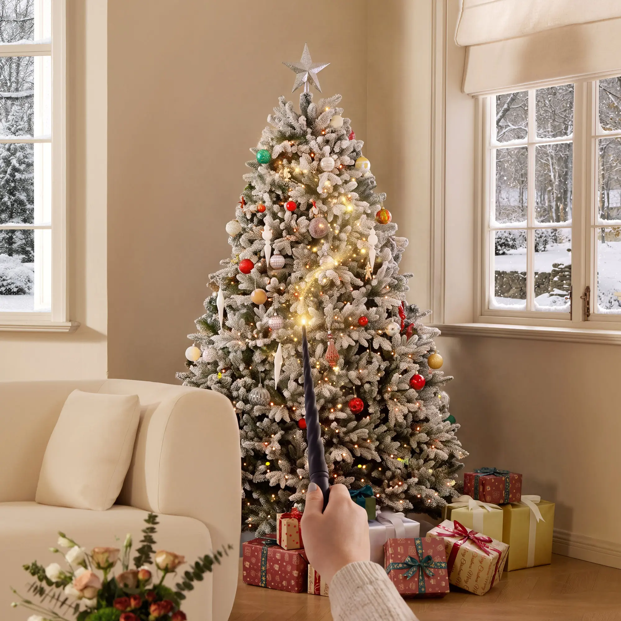 CastGlow Artificial Christmas Tree with Magic Wand in Sizes 6.5ft to 7.5ft, Slim to Full Shape, PE Tips Pre Lit RGBs 18 Shows, Flocked White
