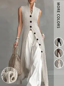 Elegant Linen Textured Breathable Long Vest for Women, Sleeveless Stand Collar Single Button Design, Loose Fit Slimming for Spring Summer Fall Layering Elegance