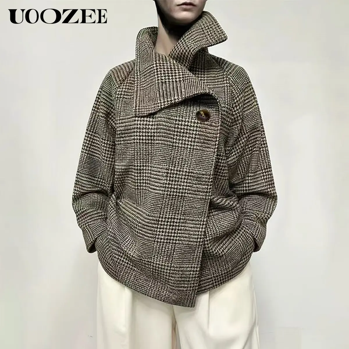 UOOZEE Women's Retro Plaid Houndstooth Long Sleeve Jacket - Casual Loose Fit Polyester Light Coat, Stand Collar, Asymmetric Buttons, Breathable, Elegance, Elevated Style, True Size, Ideal for Thanksgiving, Valentines Day Chic Aesthetic Ootd Tops