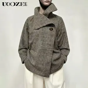 UOOZEE Women's 2025 New Autumn Winter Plaid Stand Collar Outerwear - Comfortable, Breathable, Stylish Asymmetric Button Houndstooth Jacket with Great Fit for Commuting, Casual Outings