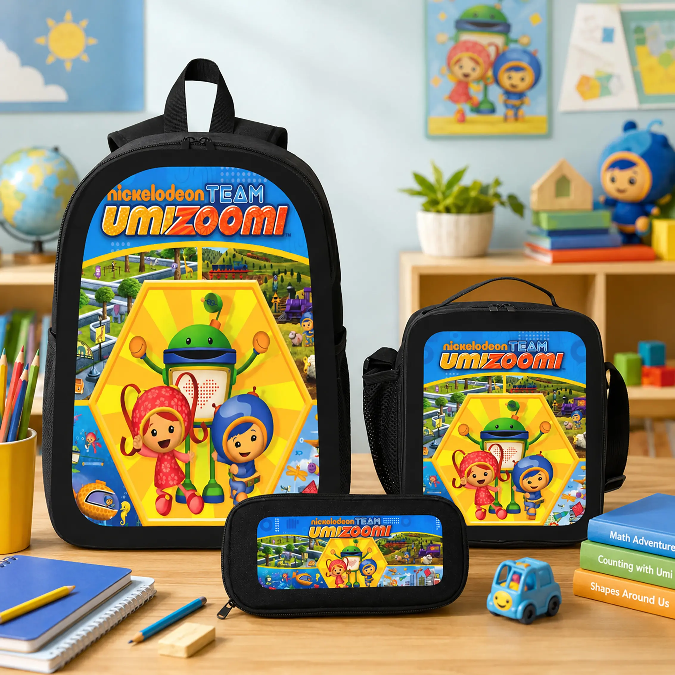 3PCS Team Umizoomi Backpack Set Polyester Backpack Lunch Bag Pencil Case Back To School Travel Daily Carry Kids Teens Boys Girls Students Cartoon Bookbag Lightweight Durable Cute