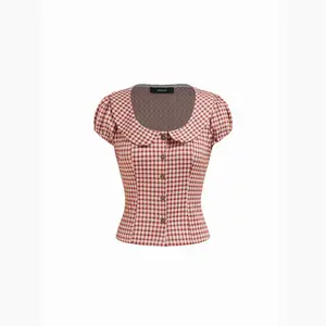 Cider Red Gingham Peter Pan Collar Puff Sleeve Crop Blouse
