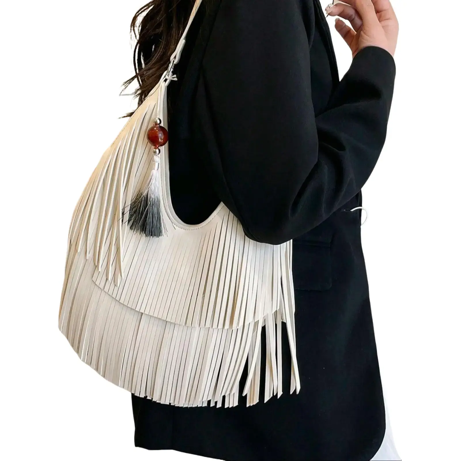 Summer Fashion Tote Bag Elegant Solid Color Shoulder Bag with Fringe Detail, Hobo Casual Bag European Soft Leather In Preferred Silhouette