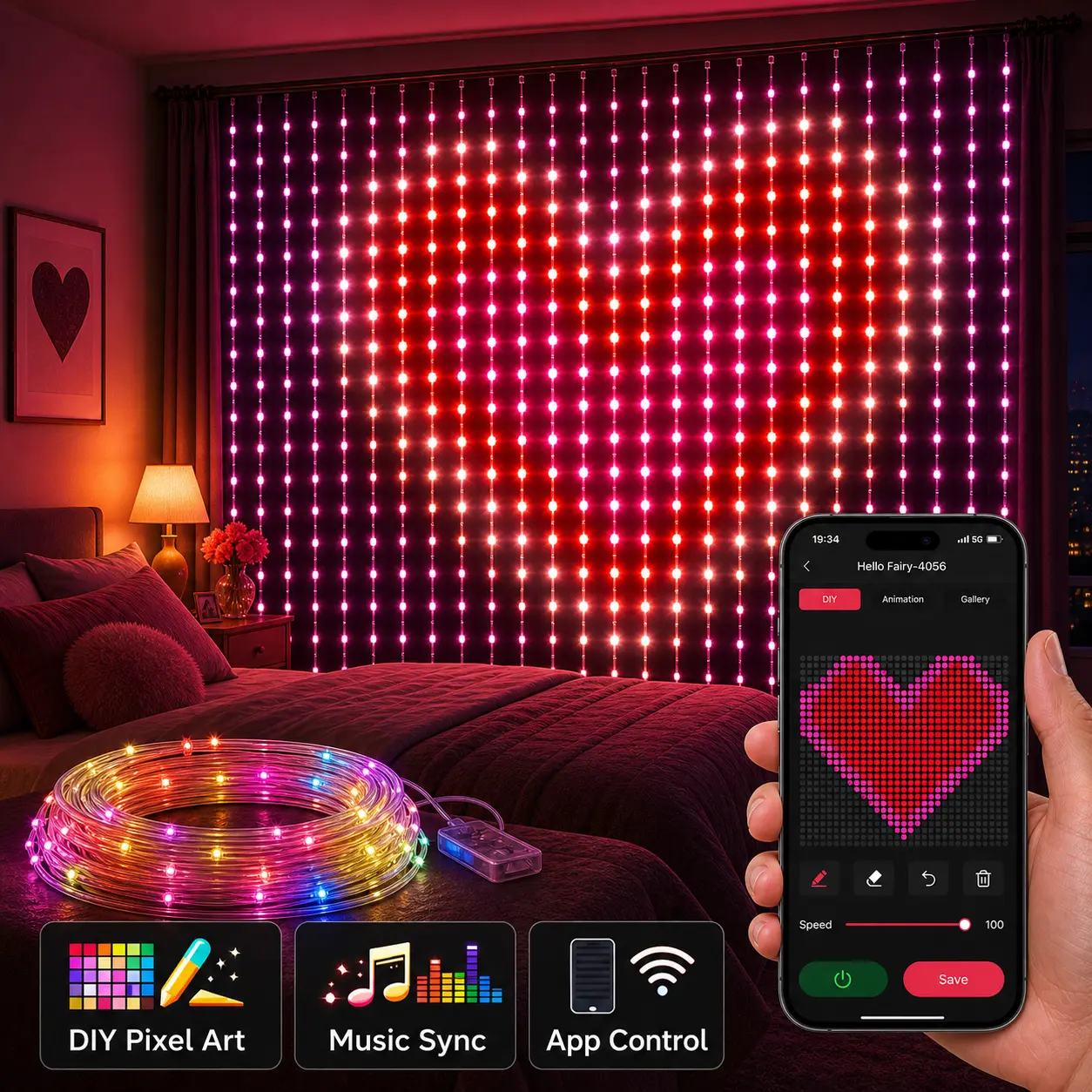 Smart RGB Magic Curtain Lights, 400-LED Interior RGB Lighting with DIY Text, Music Sync, 16M Colors, Custom Messages & Patterns, Adjustable LEDs, Ideal for Party, Holiday Decor Led Multicolor Custom Rgb Backlit Interior Rgb Lighting