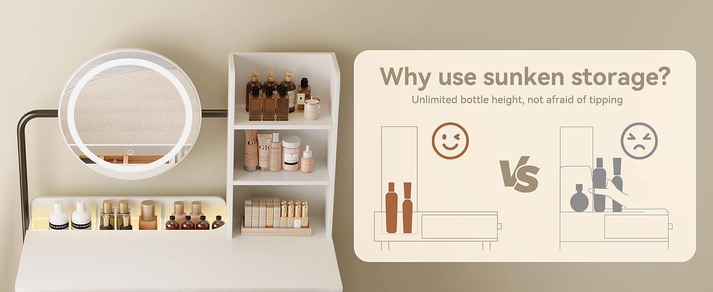 [Summervibes] Vanity Desk with 360° Rotating LED Mirror & Lights, 2 Drawers & 6 Shelves, Dressing Table with Power Outlet & Hair Dryer Holder – Perfect Gift for Her & Bedroom Essential