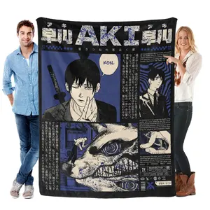Chainsaw Man Aki Hayakawa Anime Art Flannel Blanket Bold Manga Design Fox Devil Motif Japanese Text Details Blue Black Tones Ideal for New Year & Valentine's Day Gifts