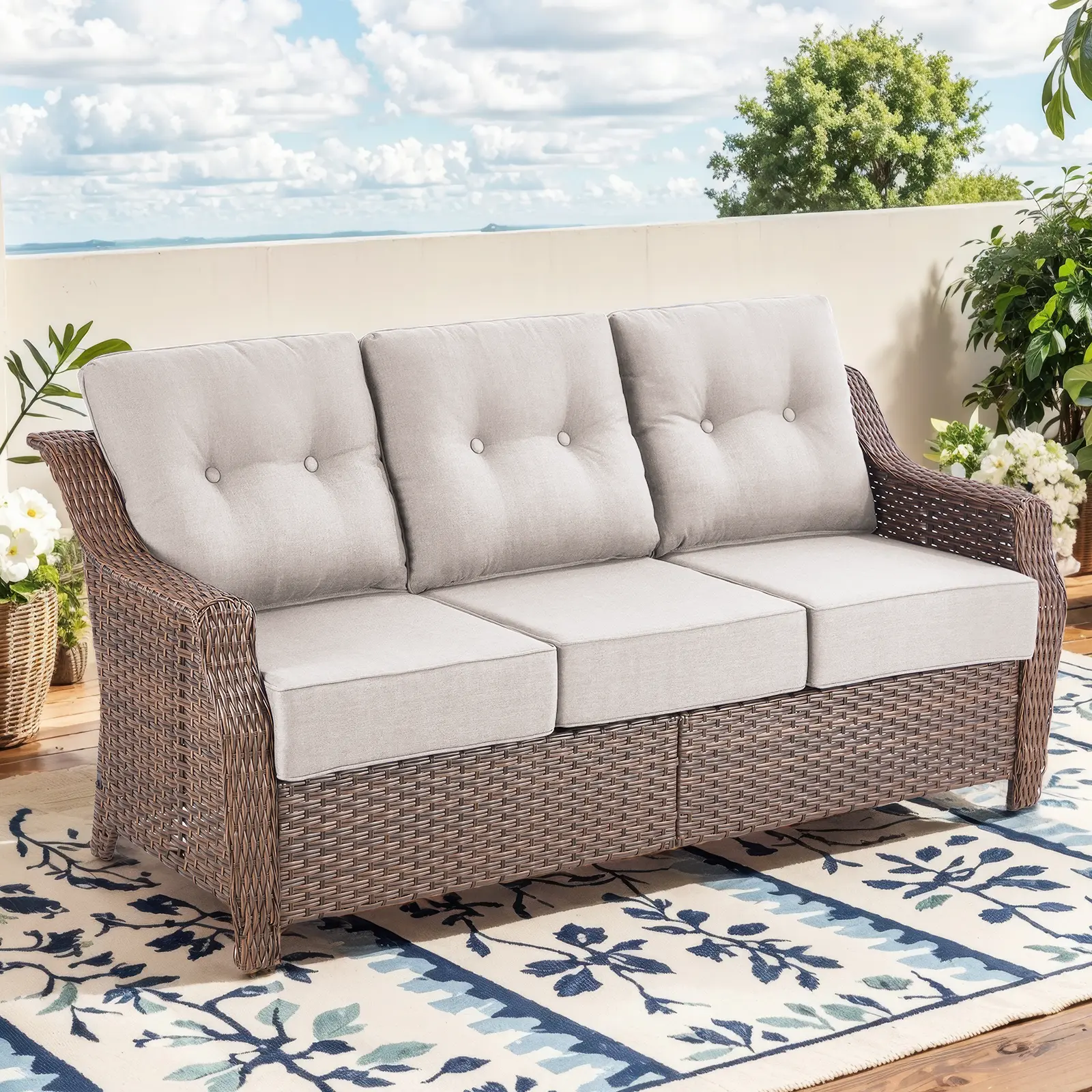 Belord 3-Seat Wicker Outdoor Sofa, 6" Extra Thick Cushions, OVOLO Series
