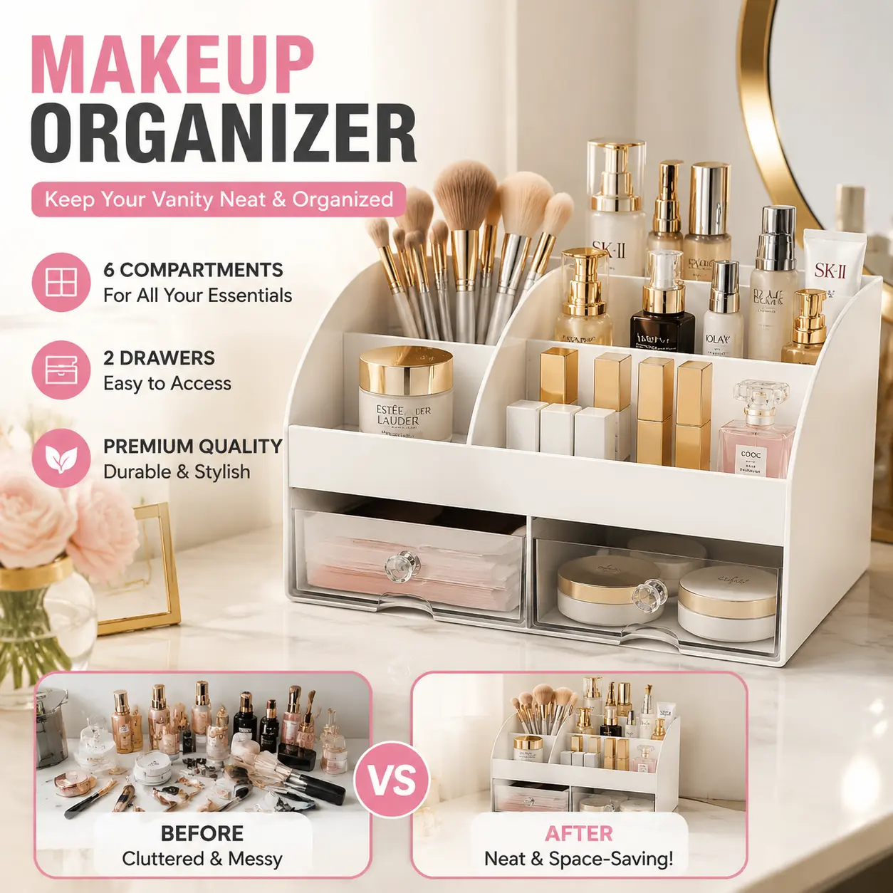 ABS Plastic Makeup Organizer with Drawers - Compact Functional Box for Beauty Organization, Cosmetic Storage with Compartments for Lipstick, Brushes, Skincare, Vanity Countertop or Bathroom Use
