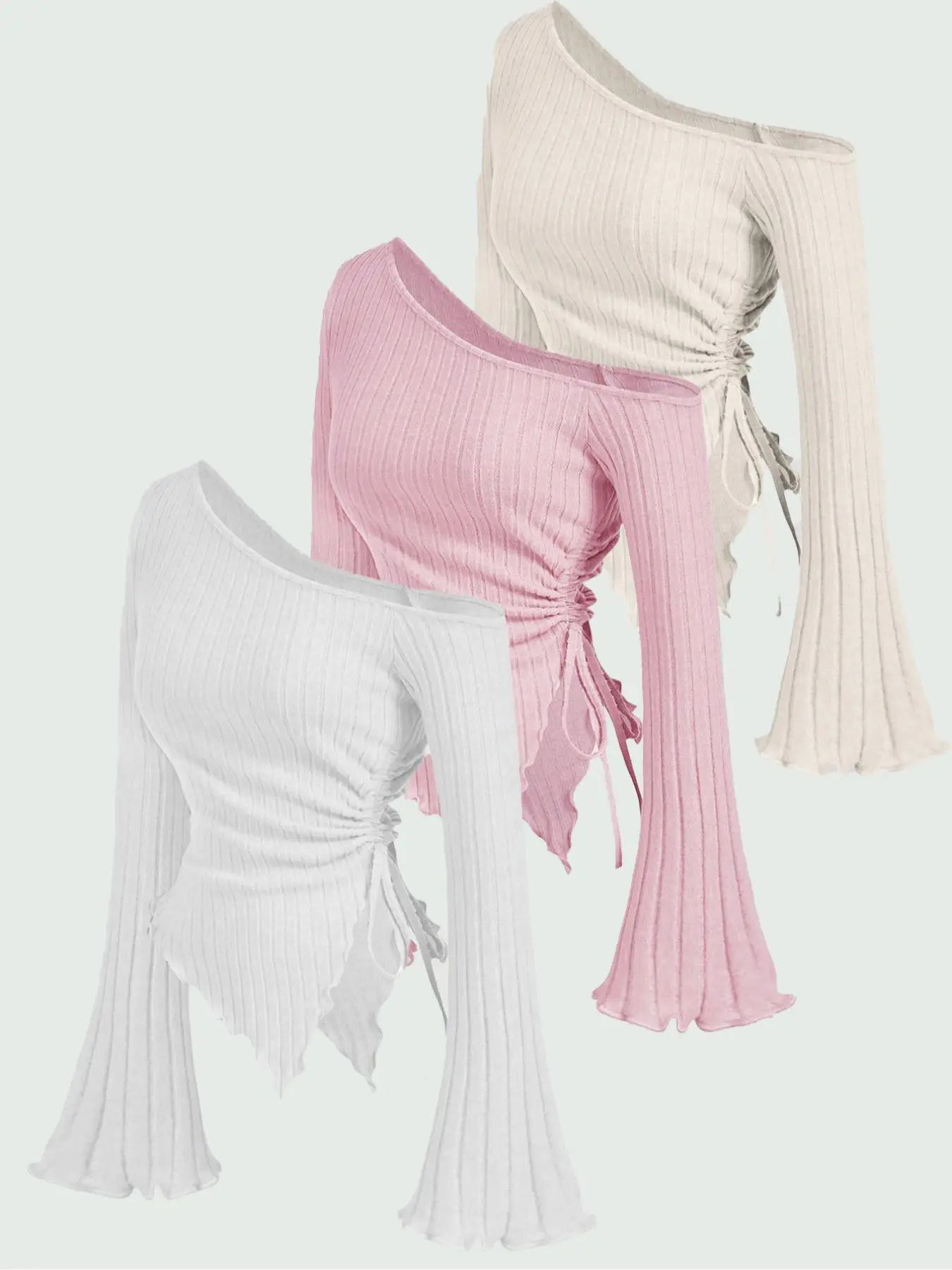 Elegant Fashion Women's Solid Color Fitted T-Shirt Set, Asymmetrical Neckline Long Sleeve, Stretchy Polyester Blend, Perfect for Fall & Winter, Everyday Womenswear, Clothes