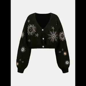 New Knitted Cardigan with Plant Snake Embroidery, Elegant Loose-Fit Long Sleeve Sweater, Fall & Winter Fashion, Soft and Comfortable Knitwear Womenswear