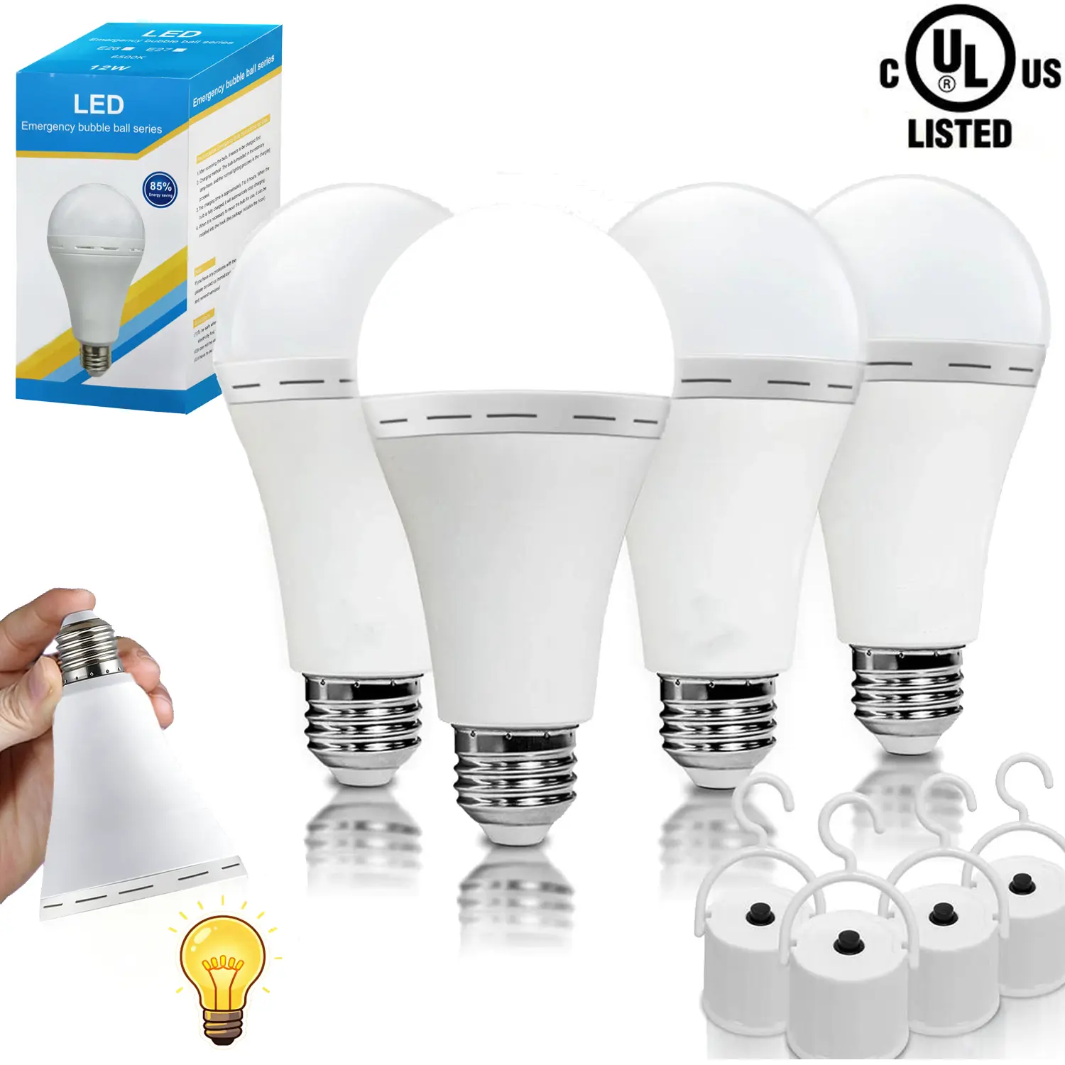 Rechargeable Emergency Light Bulbs Battery Powered with 1200mAh LED Light Bulb 6000K Daylight E26/E27 12W 60W Equivalent for Home Power Outage Outdoor Camping Hurricane