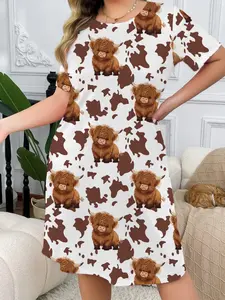 Women's Cartoon Animal Print Round Neck Short Sleeve Sleep Dress, Plus Size Ultra Comfortable Home Sleepwear Loungewear, Wearable Nightgown, Nighty Dress