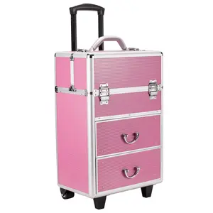 4-in-1 Professional Rolling Makeup Train Case Extra-large 4-Tiered Aluminum Cosmetic Trolley Storage on Wheels Cosmetic Organizer Traveling Cart