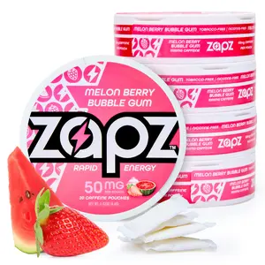 ZAPZ Caffeine Pouches, Melon Berry Bubble Gum, 5 Cans x 20 Count, Energy Pouches with 50mg Caffeine, Nootropic Focus Support, Niacin, L-Theanine, L-Tyrosine, Sugar Free, No Coffee Grinds